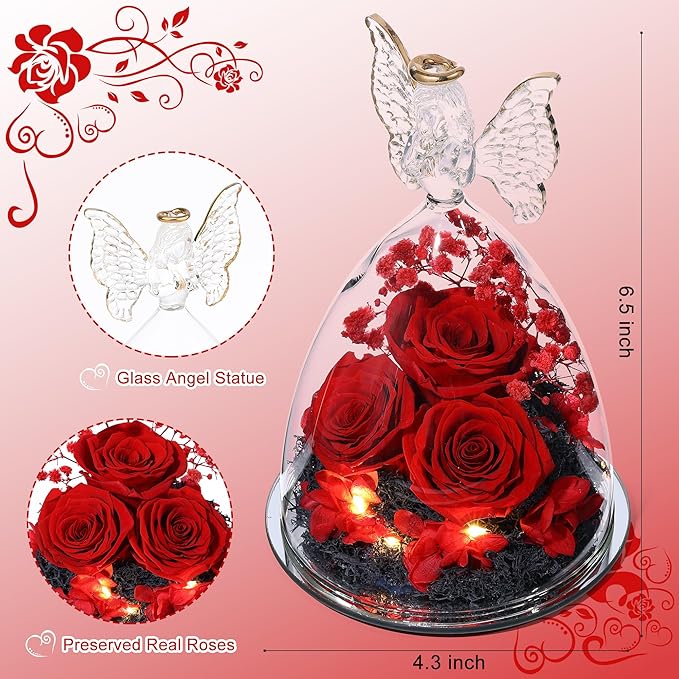 Christmas Rose Gifts for Women Preserved Real Flower in Glass Angel Figurines Roses for Delivery Prime Birthday Gifts for Mom Grandma Girlfriend Wife Her - Red