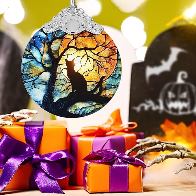 Christmas Ornament, Stained Glass Ornament, Christmas Decorations for Tree, Holiday Ornament, Unique Gift Idea - Cat Under Moonlight