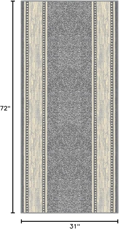 Kapaqua Custom Size Grey Ivory Bordered Rubber Backed Non-Slip Hallway Stair Runner Rug Carpet 31 inch Wide Choose Your Length 31in X 6ft