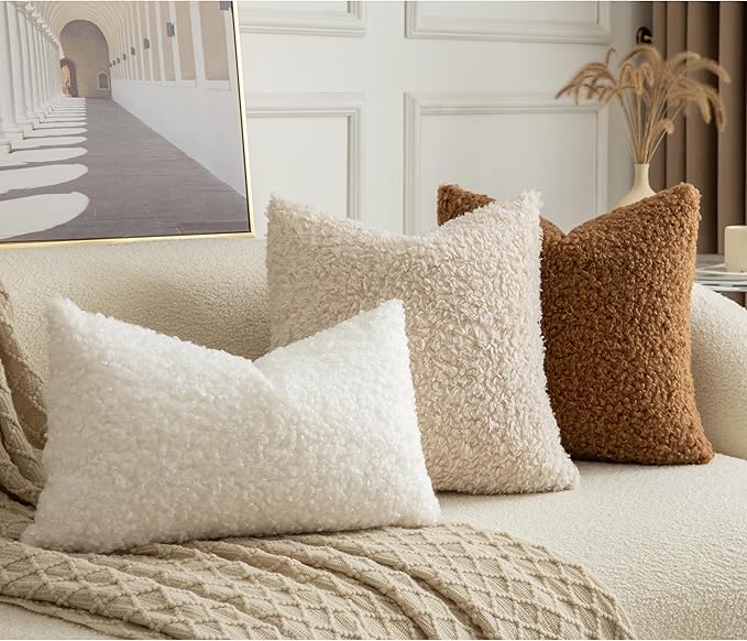 Pack of 2 Curly Teddy Wool Faux Fur Throw Pillow Covers Fuzzy Accent Soft Sherpa Pillowcases Sheepskin Fleece Decorative Cushion Case for Sofa Couch Living Room 20x20 Inch Bronze