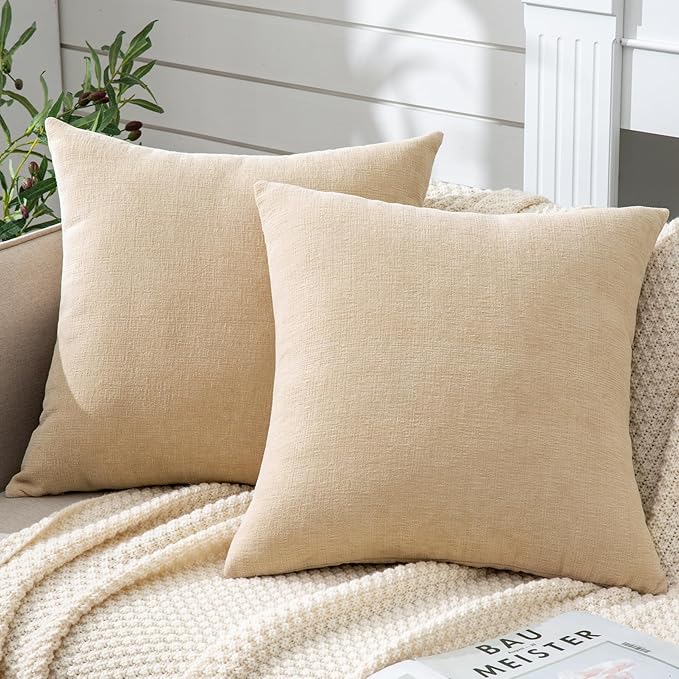GAWAMAY Decorative Chenille Throw Pillow Covers 24x24 Inch Pack of 2, Soft Square Couch Pillow Cover for Sofa Cushion Living Room Bedroom Solid Dyed Pillowcases Beige 60x60cm (ONLY Covers)