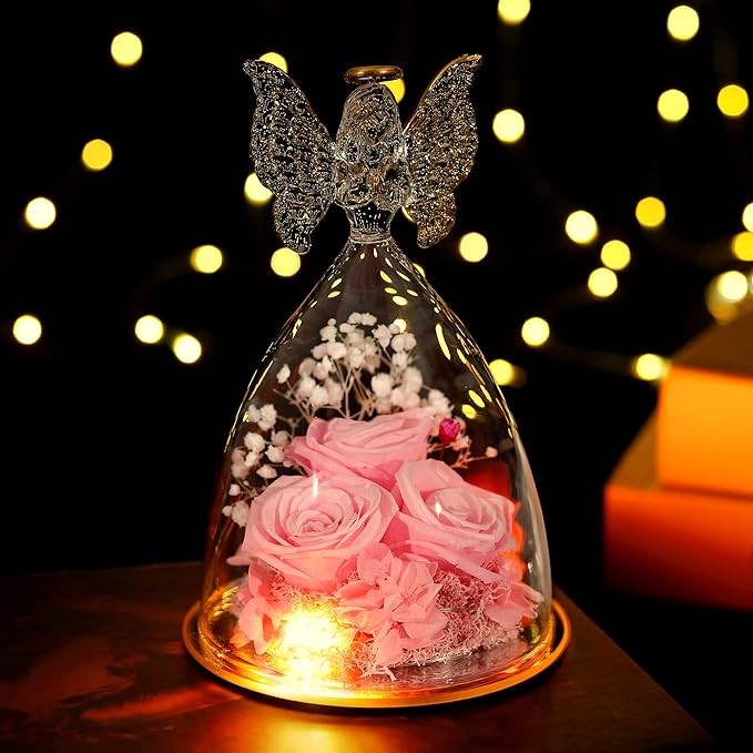 Mothers Day Mom Gifts for Women Preserved Flowers in Glass Angel Forever Flowers for Delivery Prime Eternal Roses Gifts for Grandma, Peach Pink