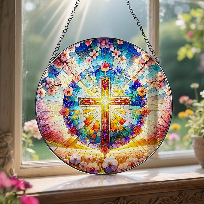 8 Inches Cross Stained Glass Suncatcher, Stained Glass Window Hanging, Spiritual Sun Catcher, Cross Ornament Gift, Christian Home Decor, Christian Gifts, Religious Gifts, Gift for Christmas
