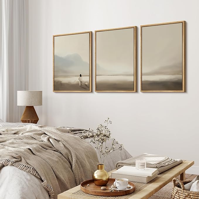 MUDECOR Framed Wall Art Print Set Serene Coastal Landscape Minimalist Illustrations Modern Art Boho Decorative Colorful Chic for Living Room, Bedroom, Office - 24"x36"x3 Natural