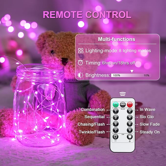 JMEXSUSS 2 Pack Pink Fairy Lights Battery Operated, Total 200 LED 66ft Twinkle String Lights with Remote, 8 Modes Pink Christmas Lights for Bedroom Tree Valentine's Day Anniversary Indoor Decor
