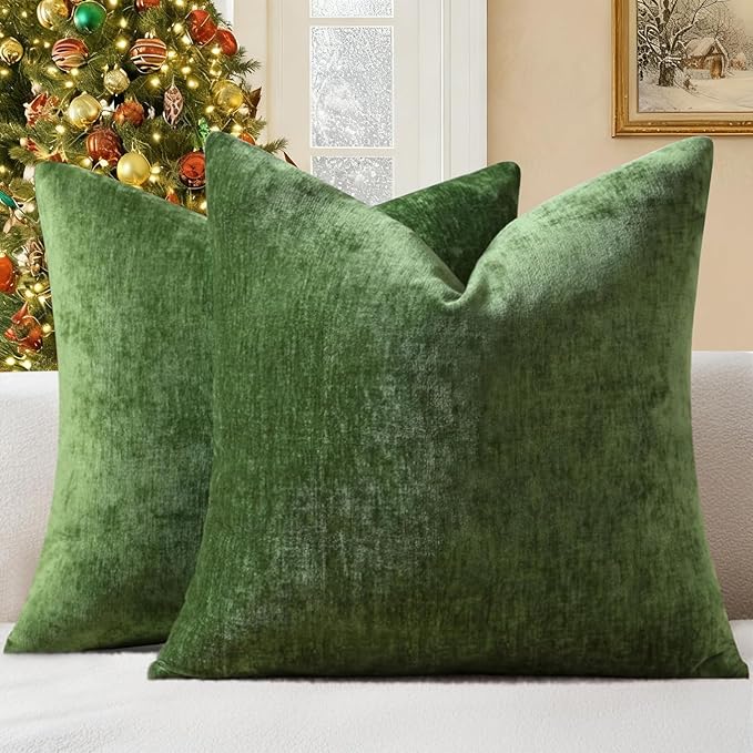 decorUhome Chenille Moss Green Christmas Throw Pillow Covers 26x26 Inch Set of 2, Decorative Soft Couch Pillow Covers Solid Dyed Accent Farmhouse Neutral Square Pillow Cases for Sofa