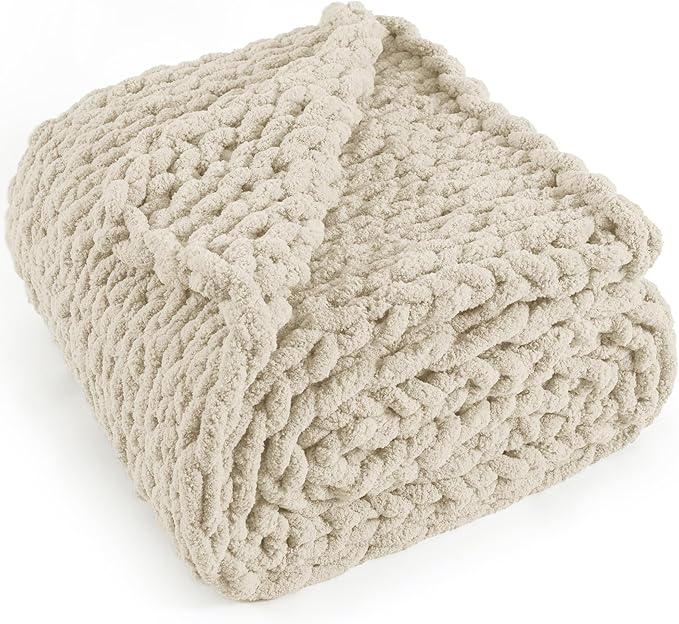 Chunky Knit Throw Blanket 60"X 80", 100% Handmade with Soft Chenille Yarn, 6.7lbs Thick Cable Knitted Blankets, Large Rope Knot Crochet Throws for Couch Sofa Bed Home Decor, Beige