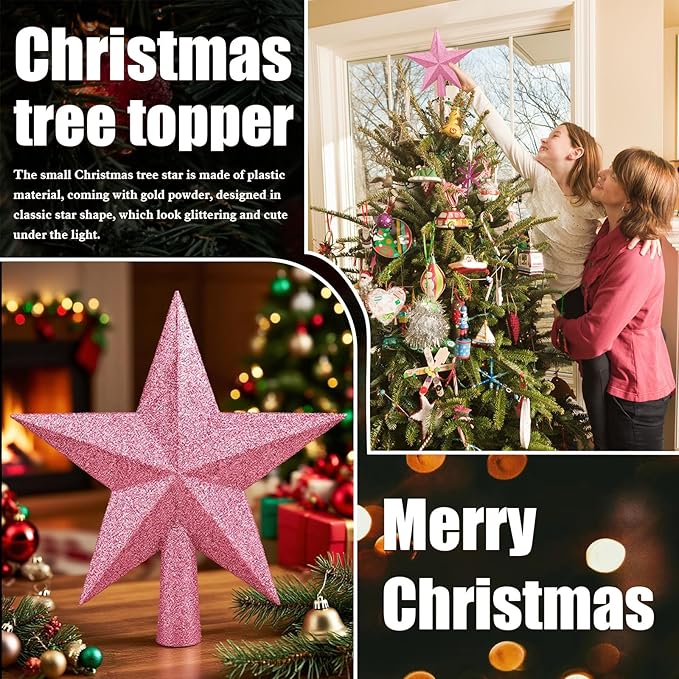 Christmas Tree Topper 10 Inch,Glitter Christmas Ornaments Star Xmas Decoration on Tree for Holiday Ornament or Home Decor(Pink)