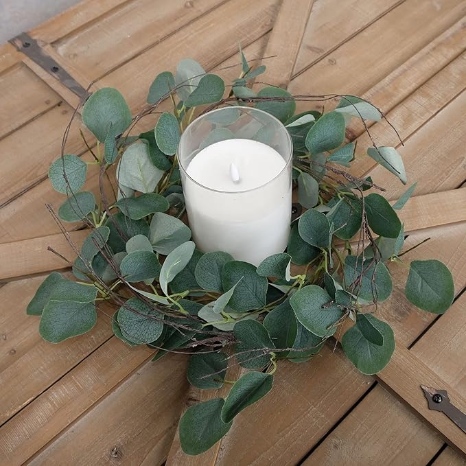 idyllic Eucalyptus Leaves Wreath Metal Polyester Fabric Paper Round Green Wreath 14 Inches for The Front Door Décor, 2 Packs