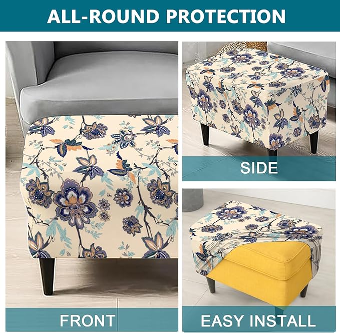 KRFOONN Stretch Ottoman Cover Slipcovers Rectangle Fit Length 55"-63" Footrest Stool Covers Printed Ottoman Cover for Foot Stool Furniture Protector with Non Slip Elastic Bottom, Color 26
