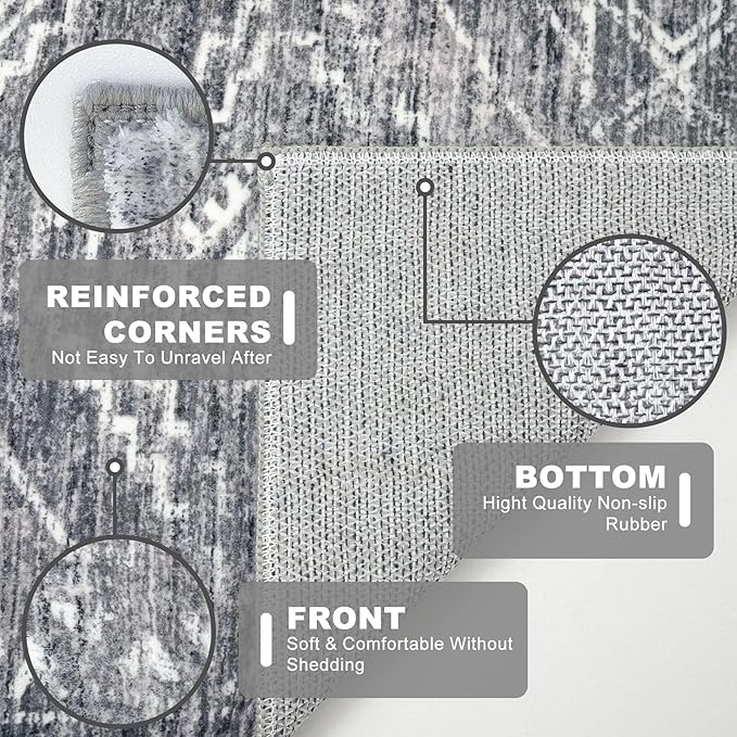 KILOCOCO Hallway Runner Rug 2'x7' Runners for Hallways Washable Runner Rug Non Slip Rubber Backed Low-Pile Runners for Bedroom Kitchen Living Room Laundry Room Boho Rugs, Grey
