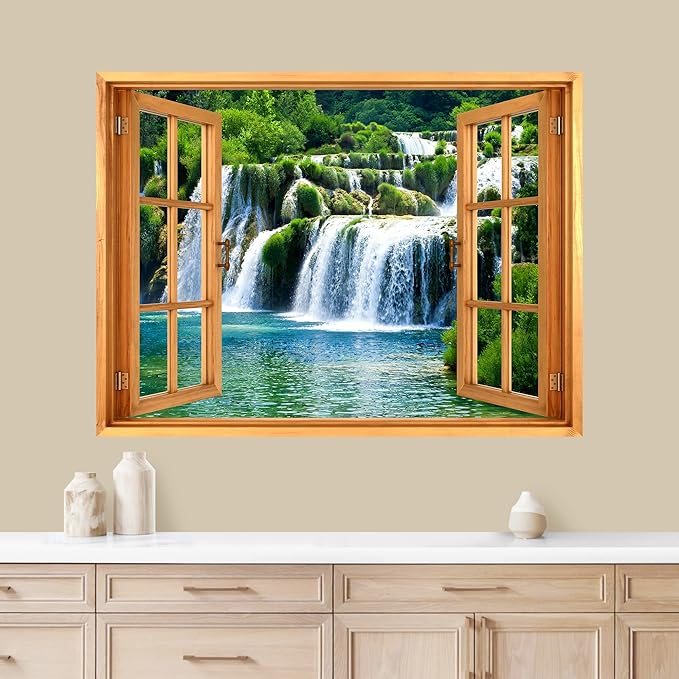wall26 Removable Wall Sticker/Wall Mural Window View Lush Scenic Vibrant Waterfall Lake Wilderness Nature Photography Realism Rustic Landscape Colorful for Living Room, Bedroom, Office - 36"x48"