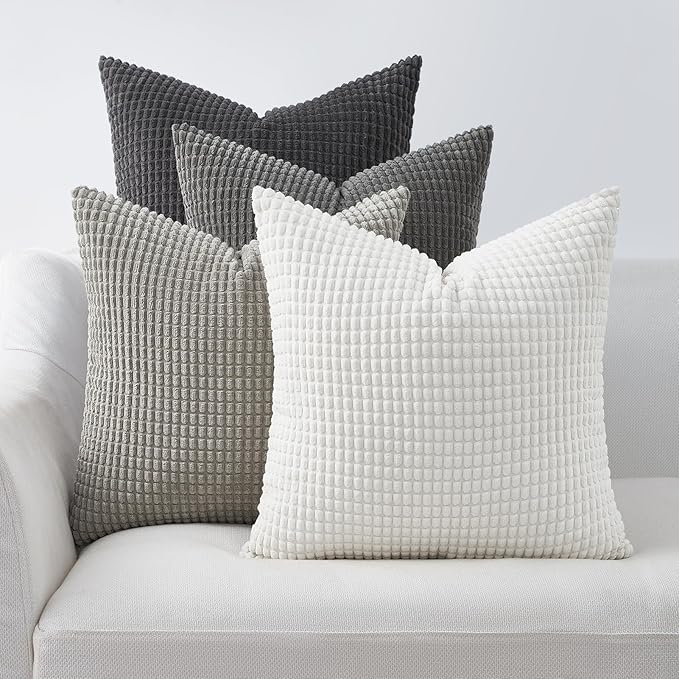 Topfinel Grey Couch Pillow Covers for Living Room 45x45 cm Set of 4,Mid Century Modern White Neutral Corduroy Corn Throw Pillows,Rustic Square Bench Chair Cushion(18 Inch/Dark Gray)