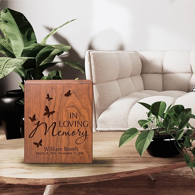 LifeSong Milestones Urns for Ashes - Personalized Cremation Urns for Adults in Cherry Wood - Funeral Service Urn - In Loving Memory (Butterflies)