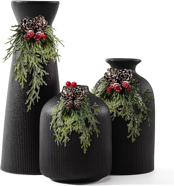 Christmas Black Ceramic Flower Vases Set of 3, Large Xmas Gift Vases with Vertical Stripe Texture, Modern Decorative Vases for Dried Flowers, Home Decor for Living Room Bedroom Kitchen Shelf