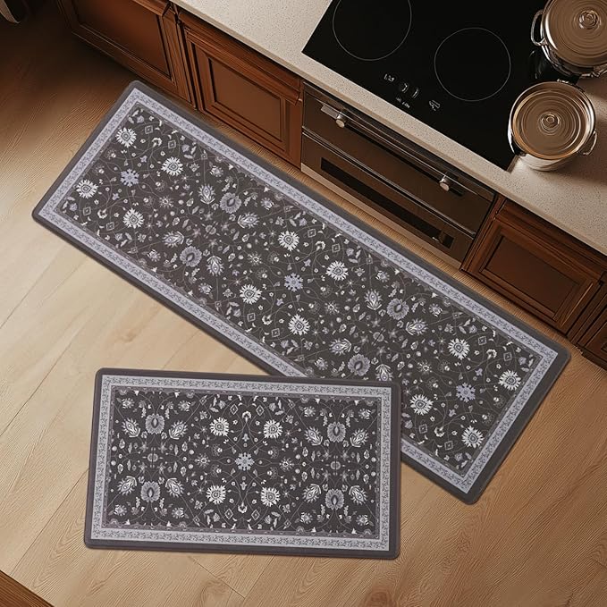 FRESHMINT Anti Fatigue Kitchen Mats for Floor 2 Piece Set, Waterproof & Non-Skid Vintage Floarl Kitchen Rugs, Cushioned Kitchen Mat for Standing Washable Comfort Desk Kitchen Runners, 17x30''+17x47''