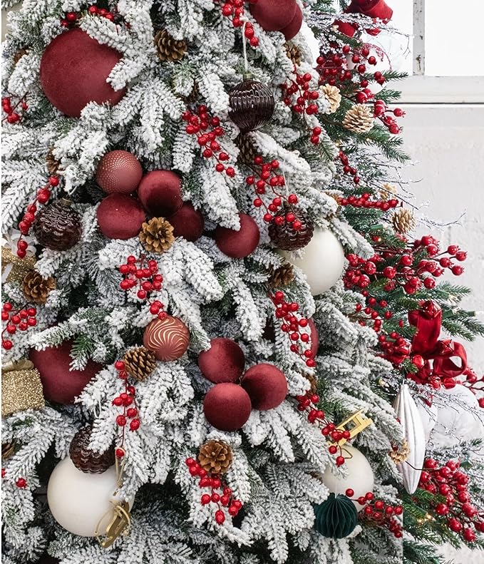 12PCS Red Velvet Christmas Ornaments Set – Large Flocked Shatterproof Baubles for Xmas Tree Decoration, Hanging Ornaments for Holiday & Home Décor (Burgundy Red, 4 Inch / 10 cm)