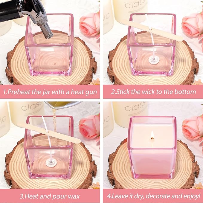 CONNOO 12 Pack 9 OZ Pink Square Candle Jars for Making Candles, Thick Glass Bulk Empty Candle Containers with Airtight Bamboo Lids for Candle Making, Sticky Warning Labels - Dishwasher Safe