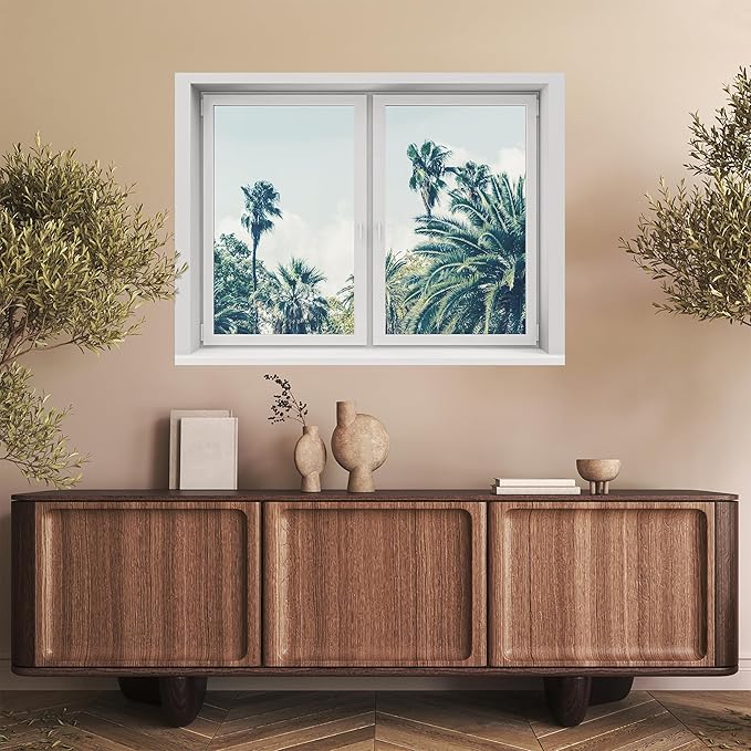 SIGNWIN Removable Wall Sticker/Wall Mural Window Serene Palm Trees Against Blue Sky Photography Realism Decorative Landscape Digital Art for Living Room, Bedroom, Office - 24"x32"