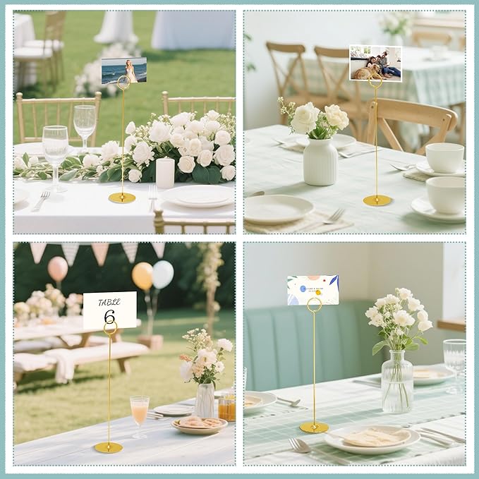 ERYTLLY 16PK Place Card Holders 12 Inch Table Number Holders Table Card Holders Steel Card Holders for Birthdays,Weddings,Photos, Food Signs, Memo Notes, Restaurants (Gold)
