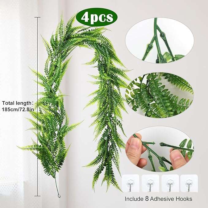 RECUTMS 4pcs Ferns Garland 6 FT Fake Ivy Vines Artificial Hanging Plant Faux Boston Ferns Greenery Leaves Fake Vines for Spring Outdoor Indoor Home Garden Party Table Wall Valentines Day Decor(Green)