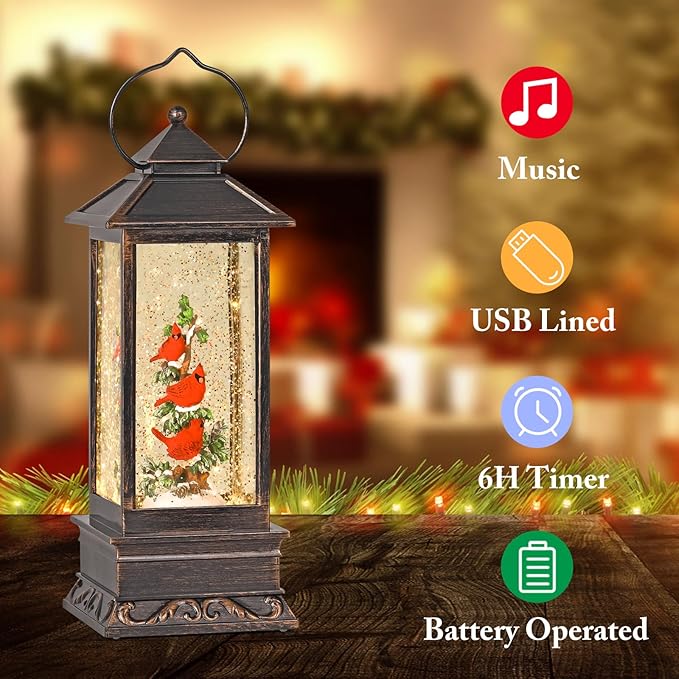 Cardinal Snow Globe, 12 Inch Musical Snow Globe Lantern, Lighted Christmas Snow Globes with Swirling Glitter, USB and Battery Operated Lantern for Home Decor, Christmas Decoration