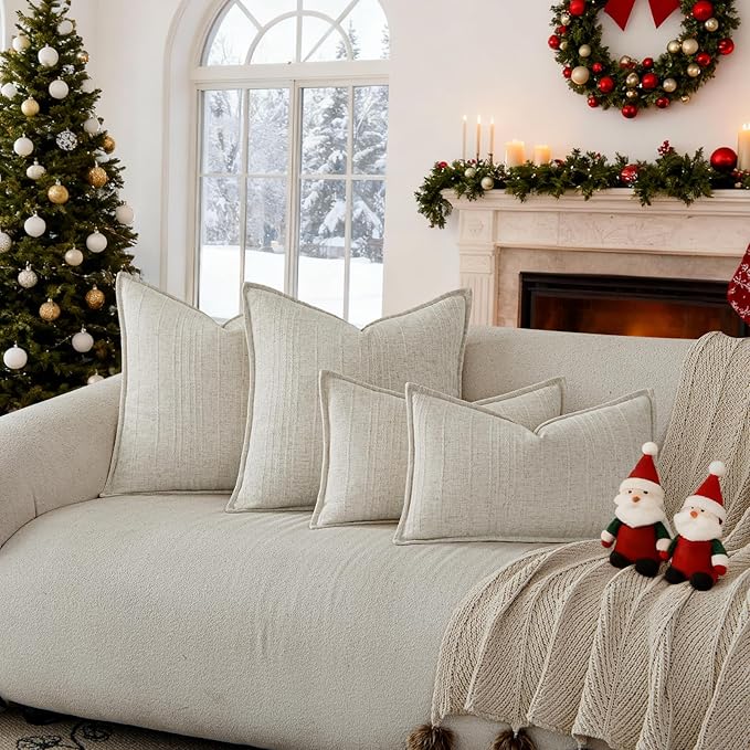 a moment Linen Pillow Covers Set of 2,Boho Farmhouse Throw Pillowcases Neutral Textured Decorative Covers for Couch Sofa Bed, Soft Linen Blend Accent Case Cushion Christmas Home Decor 20"x20"Ivory