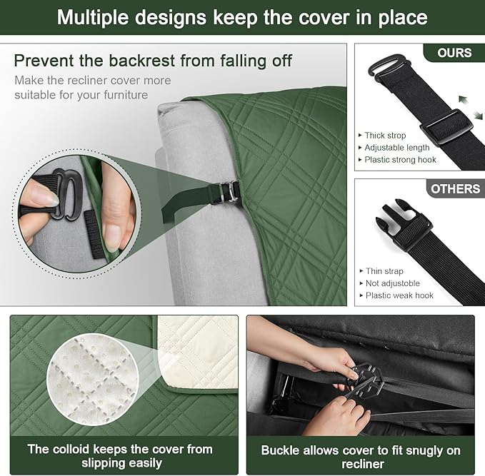 TAOCOCO Waterproof Recliner Chair Covers 30 Inch Wide, Oversized Recliner Covers for Recliner Chair with Pocket, Recliner Slipcovers with Straps Furniture Protector for Kids Pets (30'', Vine Green)