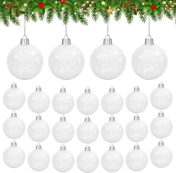 24Pcs 2.4Inch Christmas Balls Christmas Tree Decoration Ornaments Shatterproof Glitter Christmas Hanging Balls for Christmas Tree Party Wedding Indoor Outdoor Decoration(White, 2.4inch-24pcs)