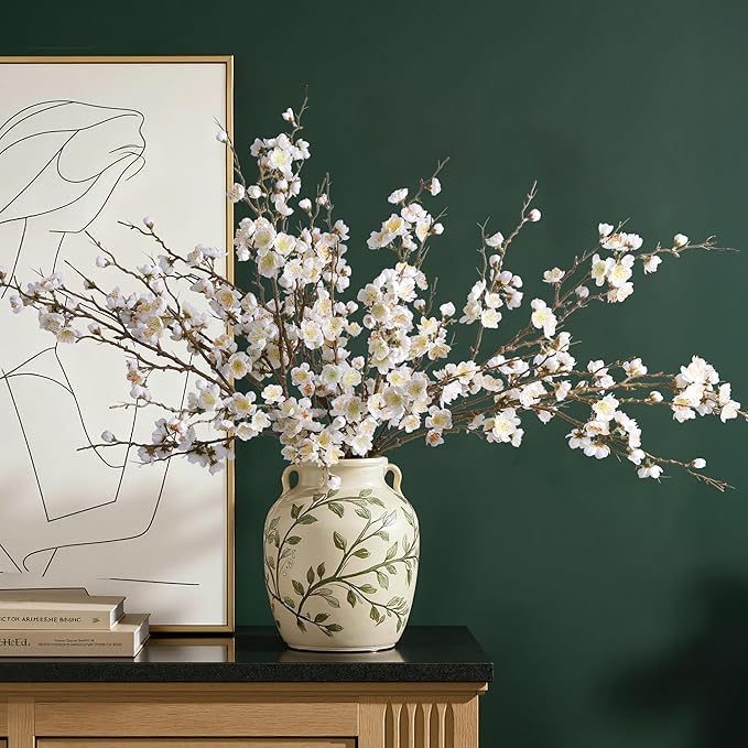 6 PCS Artificial Cherry Blossom Branches Spring Indoor Decoration, Faux Flowers 34.45" Long Stems Plum Fake Peach Plants Real Touch Silk for Wedding Home Bedroom Party Table Office, White