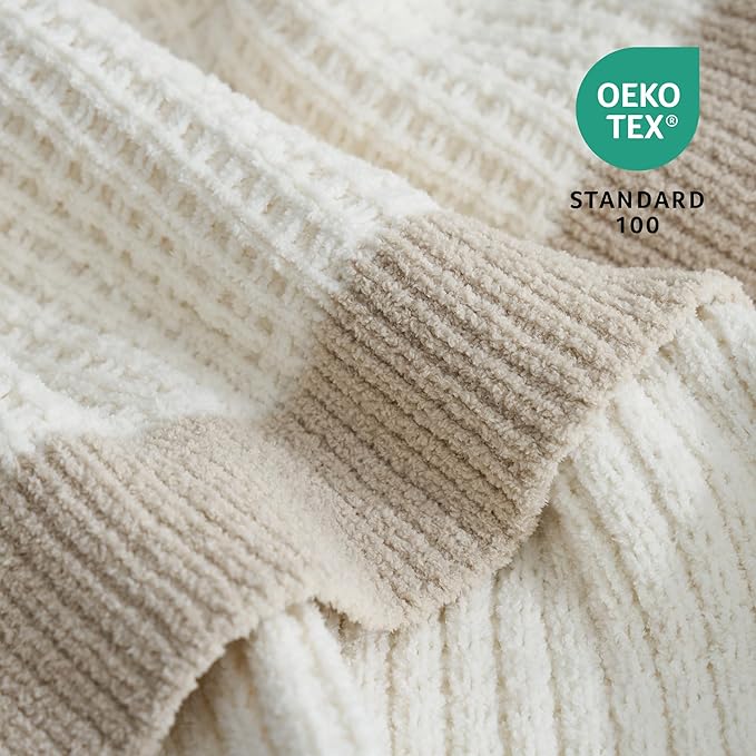 Amélie Home Waffle Blanket Queen Size for Bed, Soft Cozy Chenille Knit Blanket Warm Decorative for Bedroom, 90"x90", Ivory