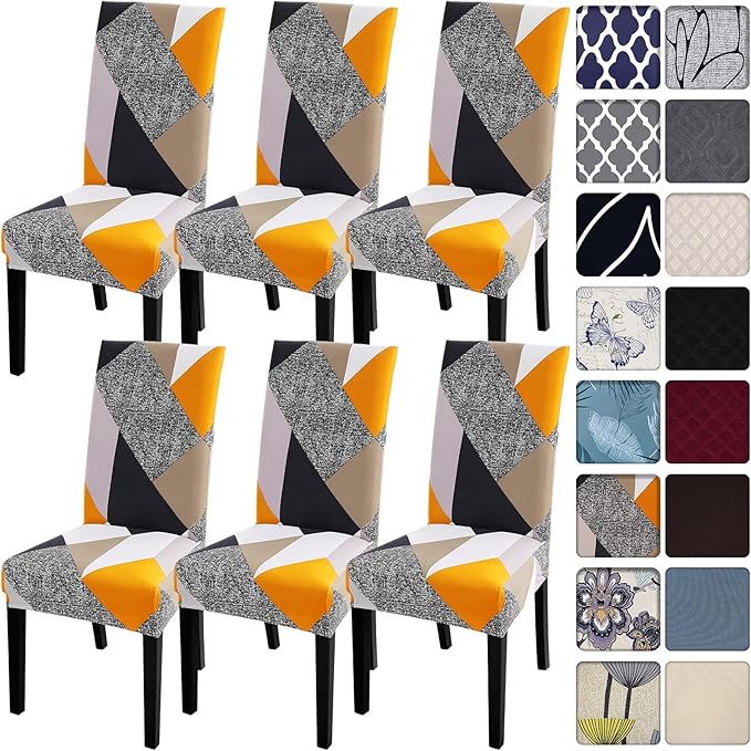 SearchI 6 Pack Super Fit Stretch Removable Washable Short Dining Chair Covers Slipcover Protector, Spandex Fabric Chair Cover for Dining Room, Hotel, Ceremony (Geometric1, 6 per Set)