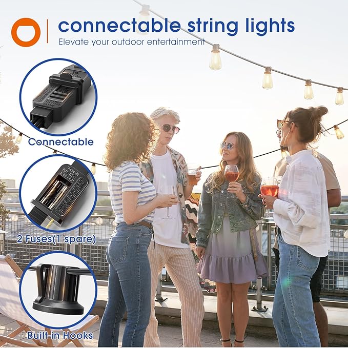 addlon 50FT LED Outdoor String Lights Waterproof Patio Lights with 16 Shatterproof ST38 Replaceable Bulbs(1 Spare), Dimmable Outside Hanging Light Connectable for Porch, Backyard, 2200K Warm Yellow