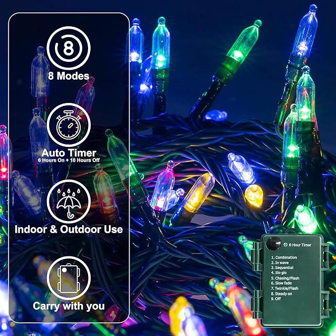 50LED Battery Operated String Lights with Timer 8 Modes Waterproof Outdoor Indoor for Christmas Decor Multicolor 2 Pack