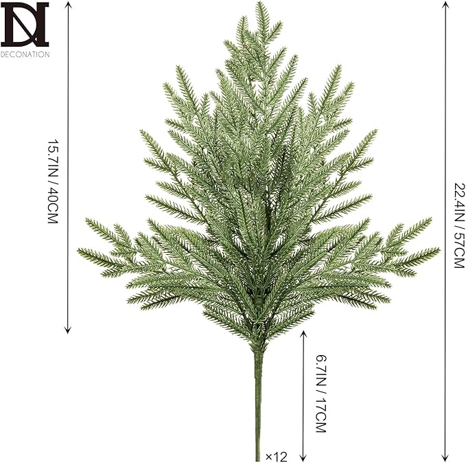 DN DECONATION Artificial Christmas Norfolk Pine Stems, Faux Pine Branches 22.4" 12PCS - Real Touch PE Greenery Fake Pine Needles for Vase Arrangements, Winter, Holiday Indoor Outdoor Home Decor