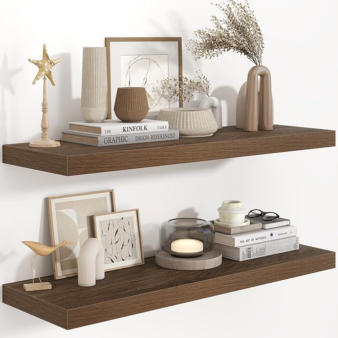 36 Inch Long Floating Shelves for Wall, 9.3 Inch Deep Floating Shelf with Heavy-Duty Bracket, 2 Pack Long Shelves for Bathroom, Living Room, Bedroom, Wall Mounted Storage Shelf for Books Decor, Walnut