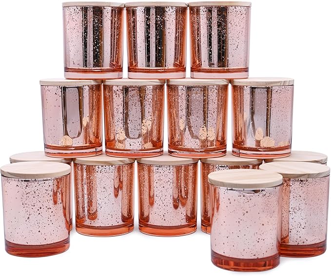 10 OZ Thick Candle Jars for Making Candles 15 Pcs, Empty Jars with Wood Lids for Candle Making, Sample Container, Rose Gold