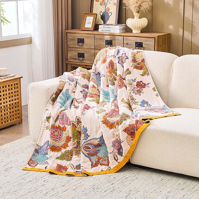 Summer Throw Blanket for Bed, 50"x60" Boho Throw Blankets 100% Cotton Quilts Farmhouse Decoration Warm Soft Blanket Muslin Bed Blankets for Couch Chair