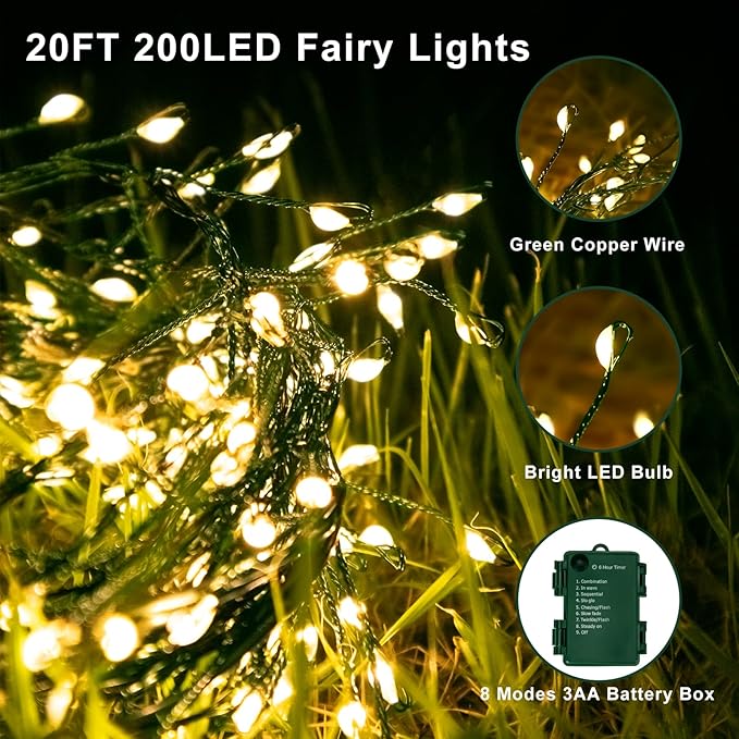 Outdoor Fairy Lights Battery Operated,20Ft 200LED Green Copper Wire Cluster Lights with Timer,Twinkle Firecracker String Lights, Mini Lights for Christmas Tree Wreath,Warm White,2 Pack