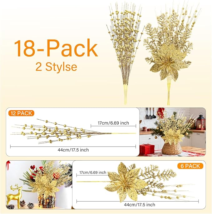 18 Pack Christmas Tree Ornaments Set, 17.5 Inch Gold Fake Christmas Picks Decorations with 2 Styles, Artificial Glitter Berry Stem Ornaments for Christmas Tree Wedding Small Vase Wreath Decor