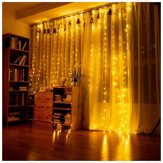 Warm White LED Fairy Curtain Lights, 300 LEDs with Remote Control - 8 Modes Dimmable, USB Plug-in String Lights for Bedroom Wedding Christmas Party Indoor Decor
