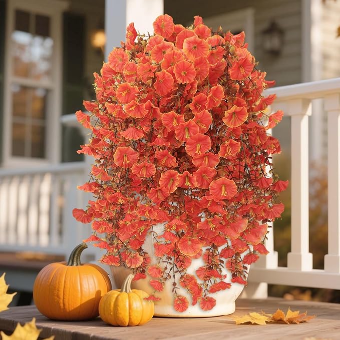 Fall Decor Artificial Flowers for Outdoor Decoration, 4Pcs Fake Hanging Flowers Morning Glory UV & Fading Resistant, Artificial Faux Plants for Home Patio Yard Garden Farmhouse Halloween