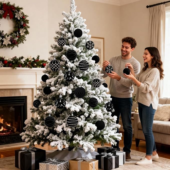 Artmag 16Pcs Velvet Christmas Ornaments Balls Sets for Christmas, Plastic Shatterproof Xmas Tree Flocked 2.36 inch Ornaments Balls for Winter Holiday Decor (Black)