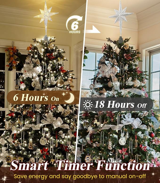 Luxspire Christmas Tree Topper, Lighted Star Tree Topper with USB Plug-in & Remote Control, 10" LED Christmas Decorations Light, Xmas Trees Vintage Ornament for Home, Bethlehem Star-Silver