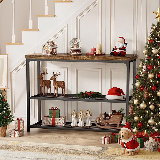 47" Console Table with Storage, 3-Tier Narrow Entryway Table, Sofa Table with Mesh Shelves, Console Tables for Living Room, Bedroom, Hallway, Entryway, Foyer, Rustic Brown
