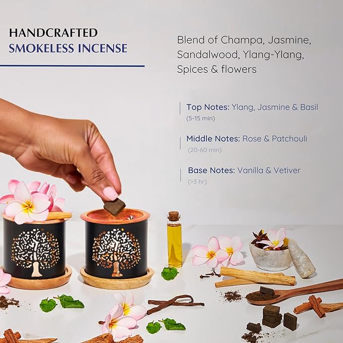 Nag Champa Incense Bricks (2 x 9 Bricks) & Tree of Life Exotic Incense Burner by Aromafume | Made with Sandalwood, Jasmine, Ylang Ylang & Champa Flower | Natural, Smokeless, Non Toxic Bricks