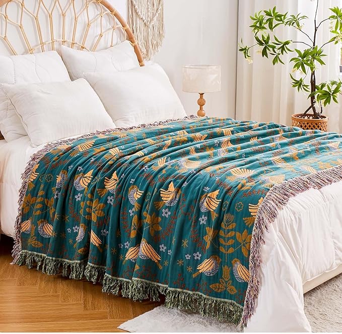 Yellow Boho Throw Blanket, 100% Cotton Blankets for Couch Bed, 50"x60"Cotton Quilt Travel Muslin Blankets Farmhouse Home Decor Soft Lightweight Picnic Blanket for Summer