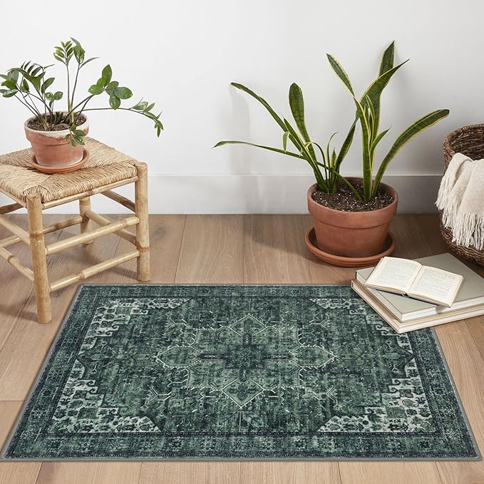 2x3 Washable Rug for Entryway, Dark Green Soft Traditional Printed Area Rug, Non-Slip Kitchen Rugs, Low-Pile Medallion Indoor Door Mat, Farmhouse Carpet for Entrance Kitchen Foyer Bedside