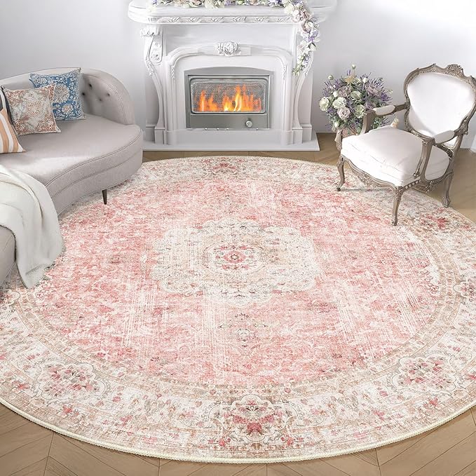 Round Rug 9ft,Large Pink Circle Area Rugs for Bedroom Living Room,Washable Boho Vintage Bohemian Distressed Oriental Floral Carpet Non Slip