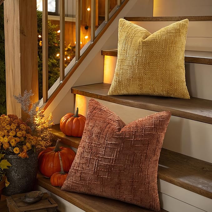 decorUhome Fall Rust Chenille Throw Pillow Covers 20x20 Set of 2 Thick Textured Slubby Couch Pillow Covers Farmhouse Accent Modern Neutral Decorative Pillow Cases for Bed Sofa Living Room